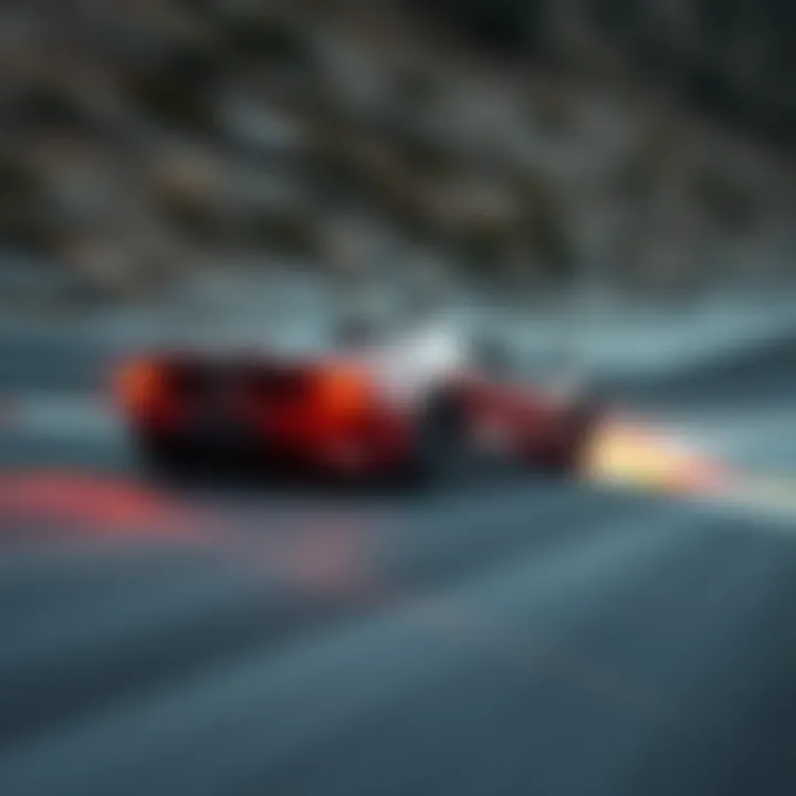 A high-performance sports car speeding on a winding road, showcasing its dynamic design.