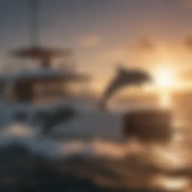 Dolphins at Sunset Dolphins leaping gracefully alongside a catamaran at sunset