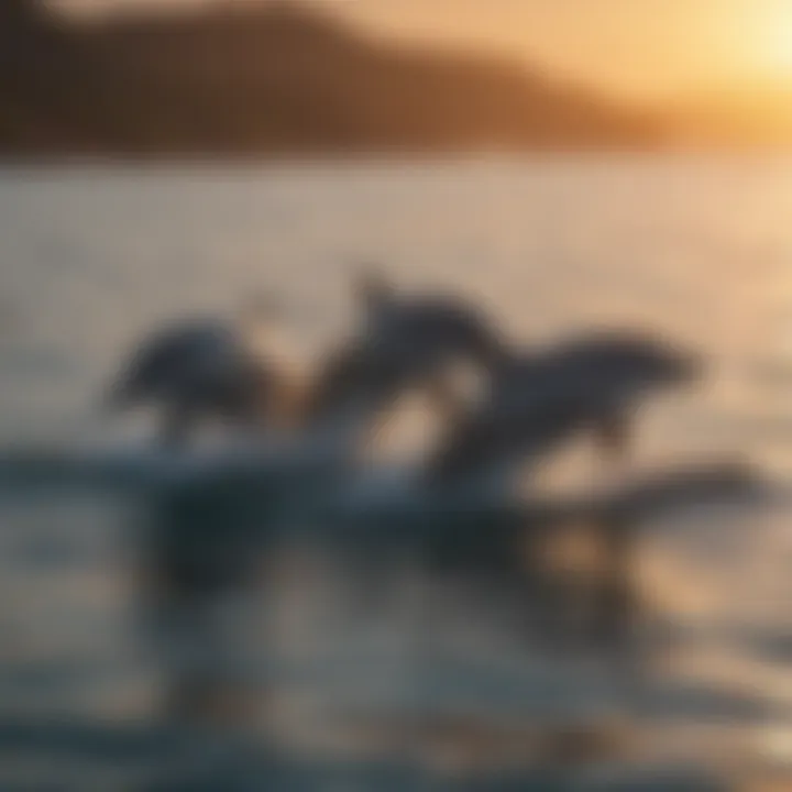 A close-up of dolphins swimming playfully in the sunset-lit water