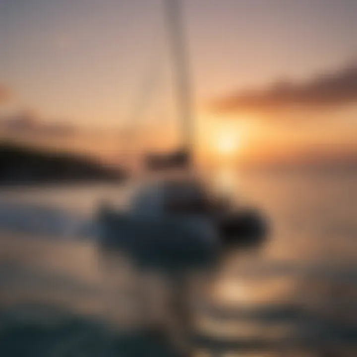 The Privateer catamaran gliding smoothly over calm waters during twilight