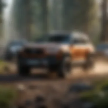 A group of off-road mid-size SUVs navigating through a forest trail