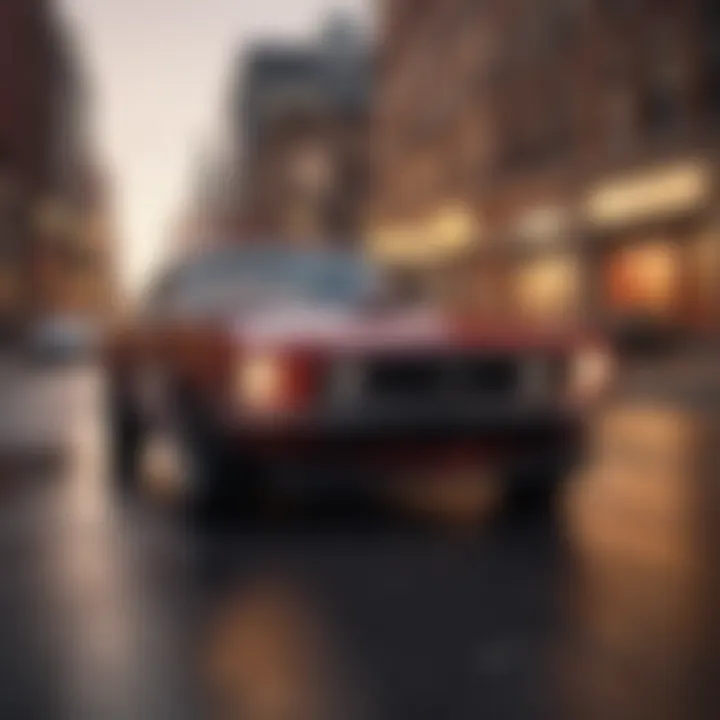 Ford Mustang cruising through Chicago streets at sunset