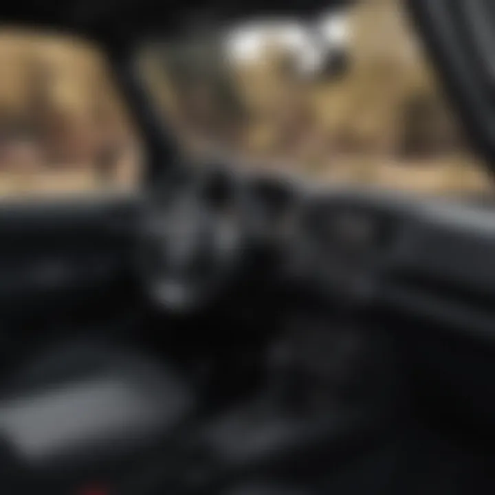 A close-up of a Jeep Wrangler's interior highlighting its rugged features.