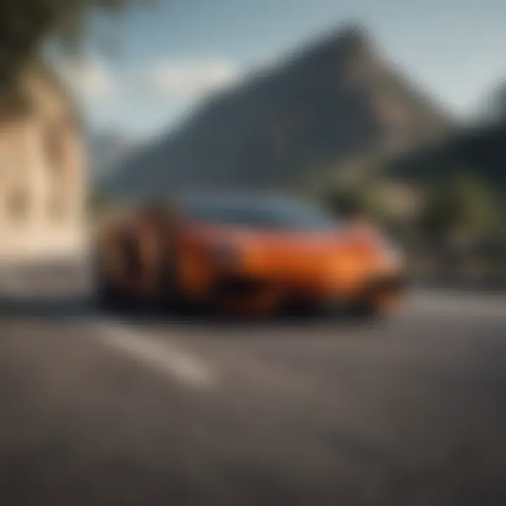 A stunning Lamborghini Aventador in motion on a scenic road