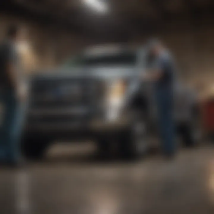 A mechanic inspecting a Ford truck