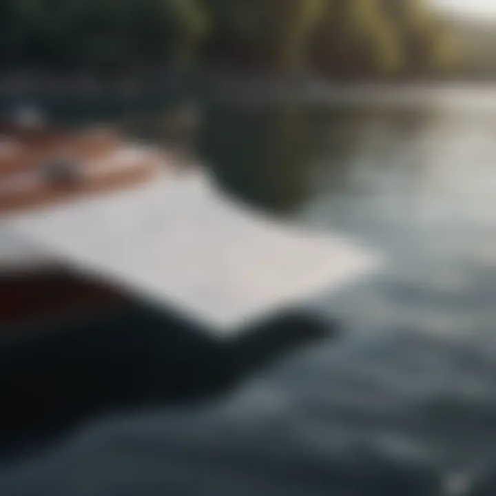 Close-up of a boat on water with financial documents