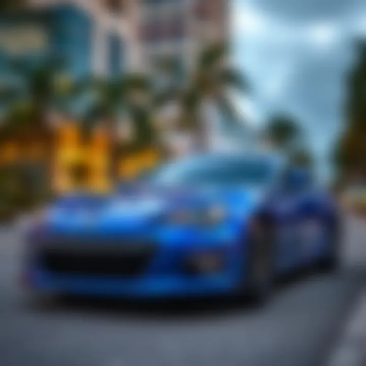 A sleek Subaru BRZ parked in a vibrant Orlando setting