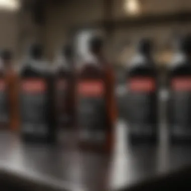 Different types of motor oil displayed on a table