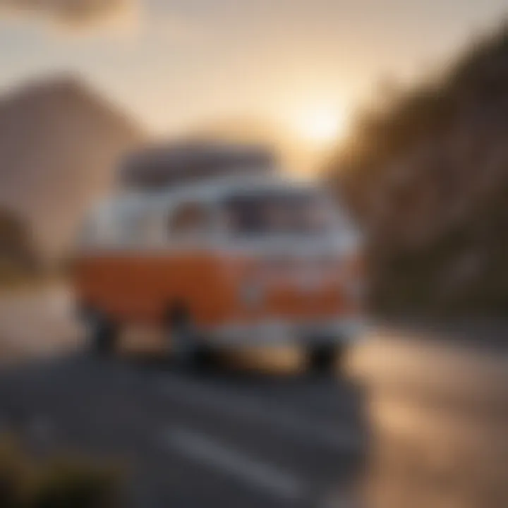 A beautifully restored Volkswagen Camper Van against a sunset backdrop