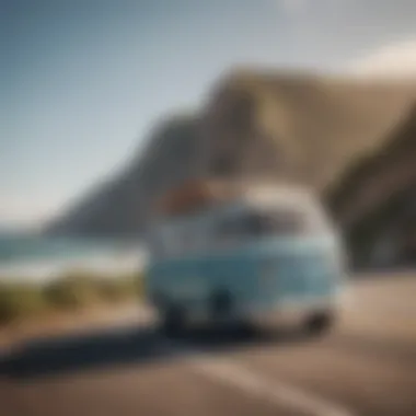 A vintage Volkswagen Camper Van parked on a scenic coastal road