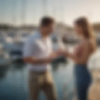 A couple reviewing financing options at a marina, representing informed decision-making in boat purchases.