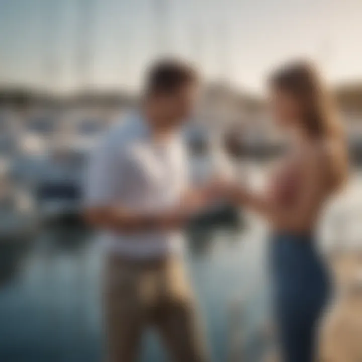 A couple reviewing financing options at a marina, representing informed decision-making in boat purchases.