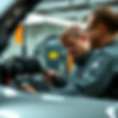 Technician inspecting a vehicle's power steering system