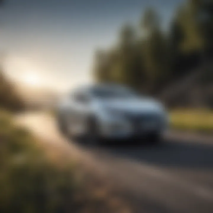 Nissan Leaf driving through a scenic landscape