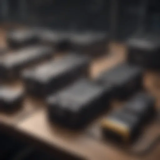 Different types of trolling motor battery packs arranged on a table